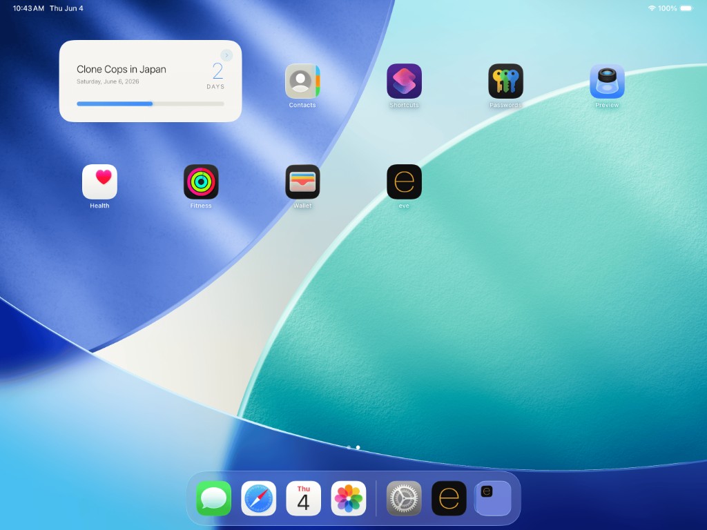 eve medium widget on iPad Home Screen showing Clone Cops in Japan with 2 days remaining, displayed in the light widget style against the iPad home screen
