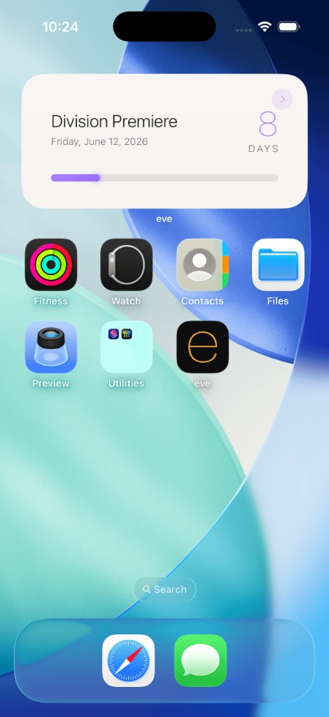 eve medium widget on iPhone Home Screen showing the Division Premiere countdown on Friday June 12, with the eve app icon visible on the home screen